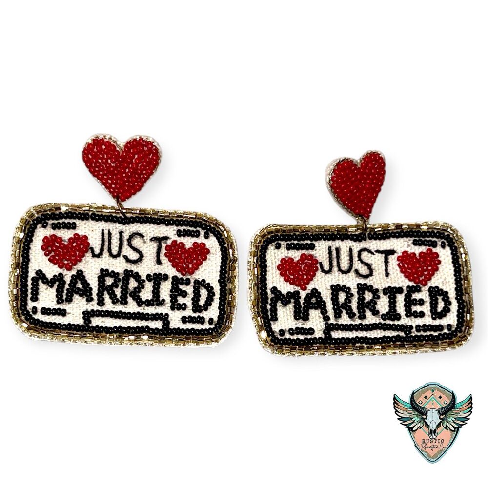 Beaded Just Married Earrings for Bride